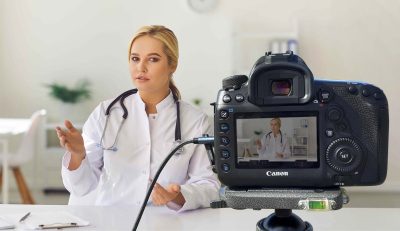 Eine Kamera ist in einem Praxisraum aufgebaut. Vor ihr sitzt eine Ärztin, weil für ihren neuen Webauftritt ein Imagefilm gedreht wird.
